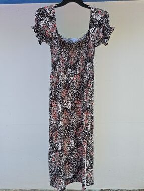 Sweetkie Black Smocked Dress with Pink & White Floral Print Off Shoulder